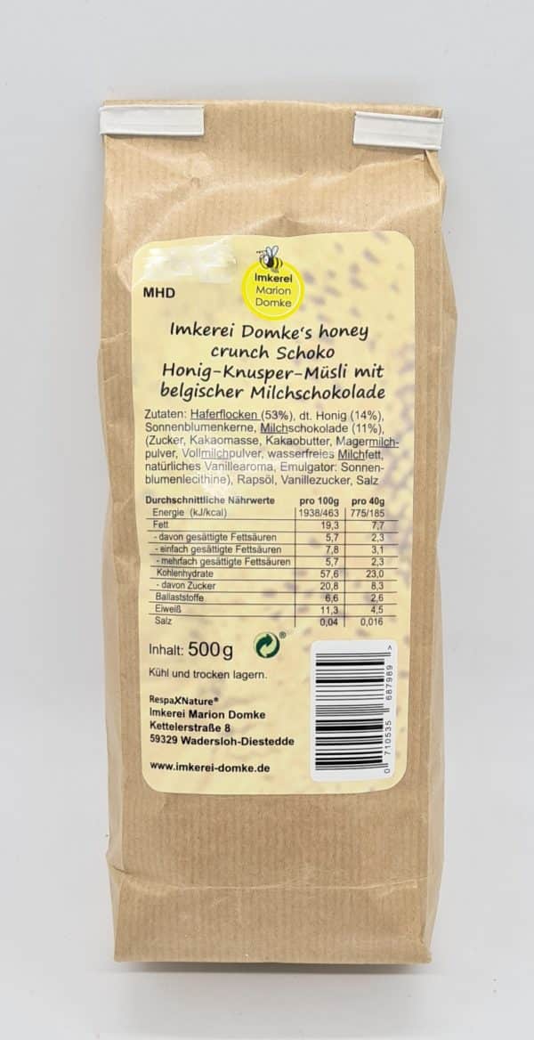 Kurzes MHD - Imkerei Domke's honey crunch mit belgischer Milchschokolade, Honig-Knuspermüsli – Bild 2